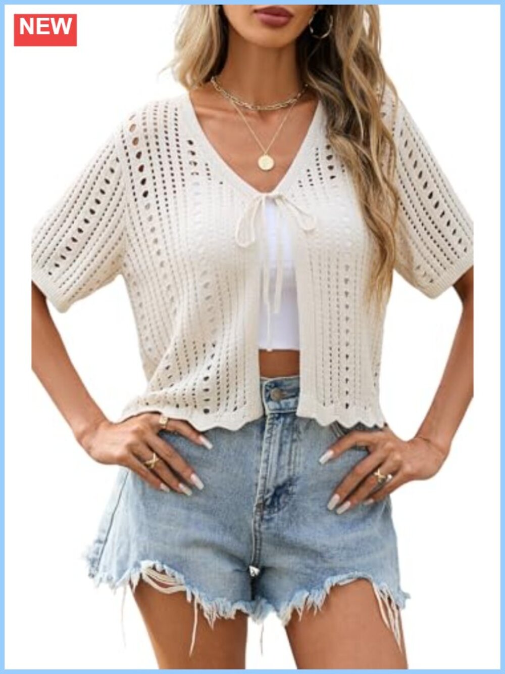 Crochet Short Sleeve Tie Front Cardigan Cropped Shrug Summer Sweater